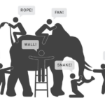 Graphic showing blind men examining an elephant
